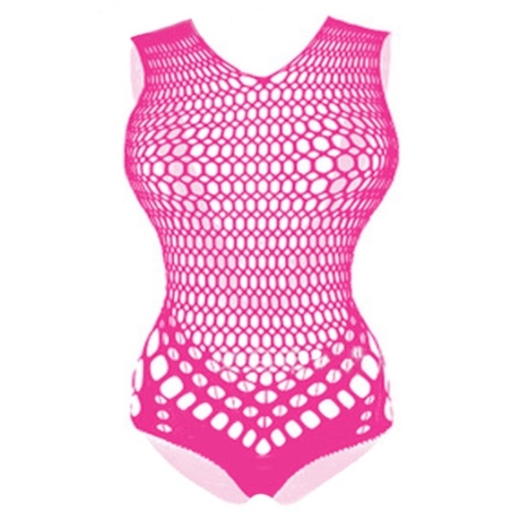 Pink Hole Teddy Bodysuit Romper. Hollow, fishnet, lace. One size fits most. - Picture 1 of 1
